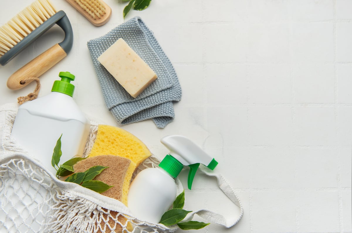 Sustainable cleaning supplies with natural brushes and eco-friendly soap products