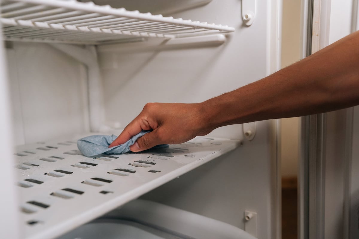 Person defrosting and cleaning interior of refrigerator using eco-friendly products